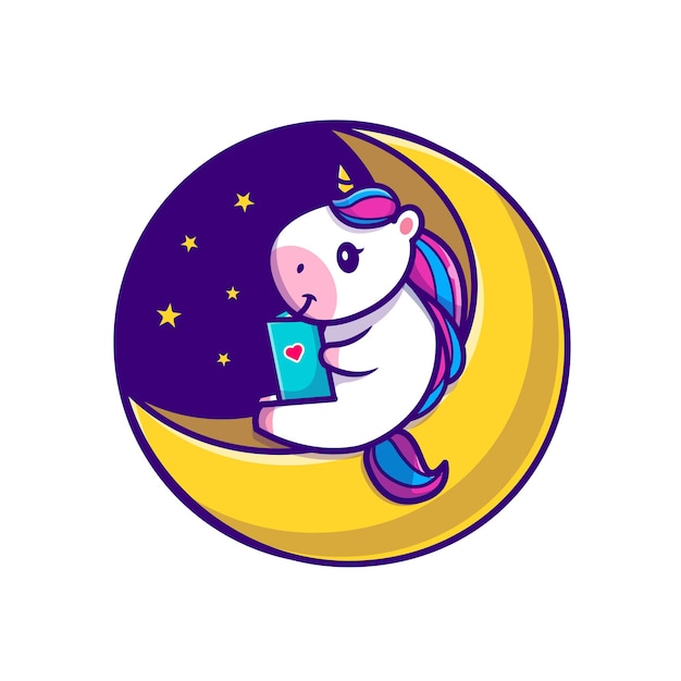 Livre De Lecture De Licorne Mignon Sur L Illustration De L Icone De Dessin Anime De Lune Vecteur Gratuite