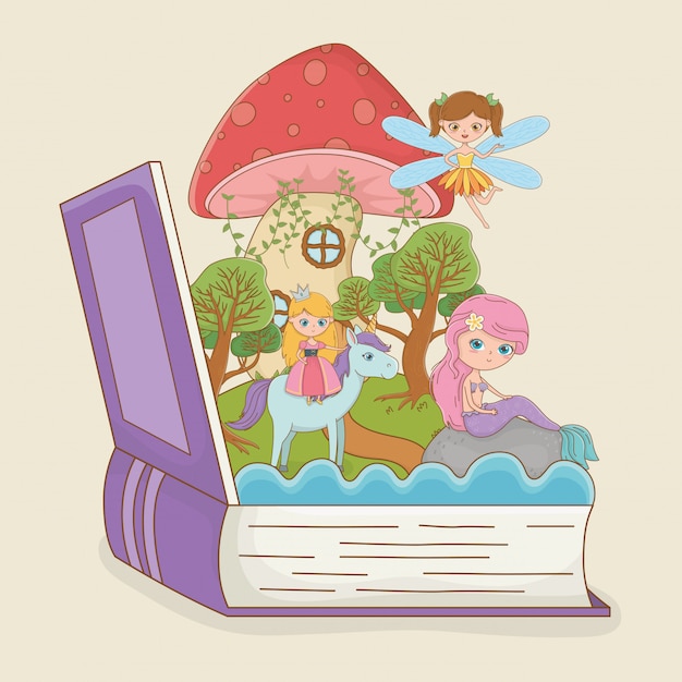 Livre ouvert avec sirène de conte de fées avec princesse en licorne Vecteur gratuit