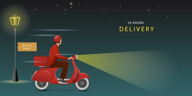 Livreur Sur Un Scooter Rouge Dans La Nuit Livraison A Tout Moment Livraison 24h 24 Vecteur Premium