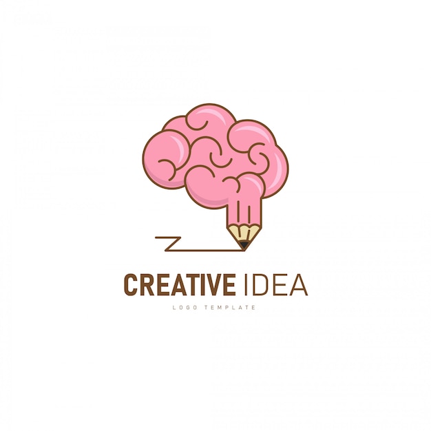 Logo de cerveau créatif. cerveau et crayon forme comme une idée créative. Vecteur Premium