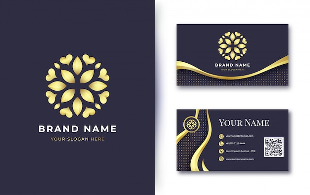 Logo de fleur d'or de luxe avec modèle de carte de visite Vecteur Premium