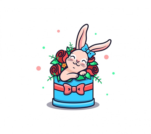 Le Logo Lapin Avec Des Fleurs Logotype Joyeux Anniversaire Et Lapin De Dessin Anime Vecteur Premium