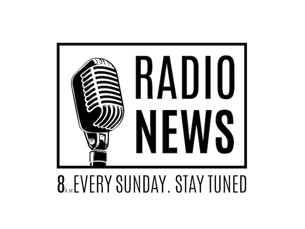 Logo de nouvelles radio de vecteur avec microphone dans cadre isolé sur fond blanc illustration Vecteur Premium