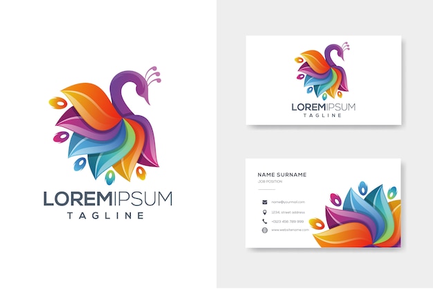 Logo de paon abstrait coloré avec carte de visite Vecteur Premium