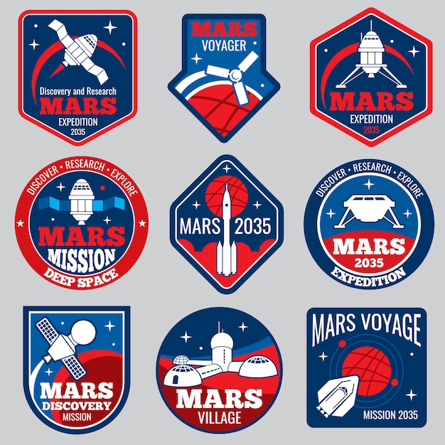 Logos et étiquettes de l'espace rétro colonisation de mars Vecteur Premium