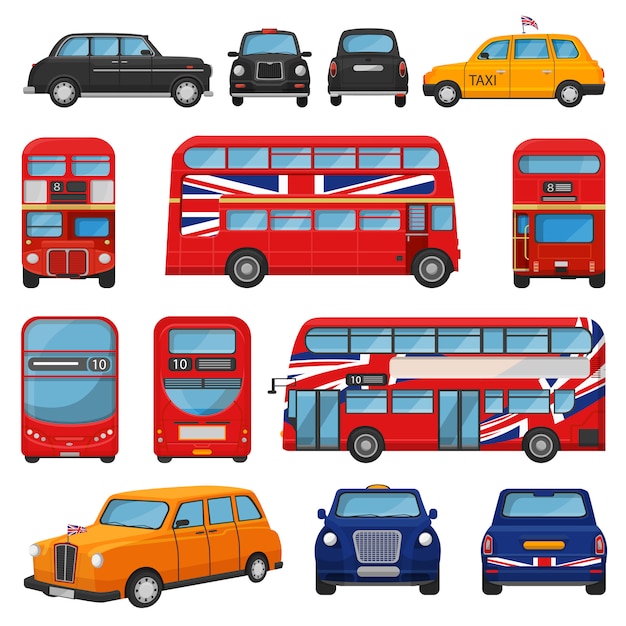 Londres Voiture Vecteur Taxi Taxi Britannique Et Bus Rouge Britannique Pour Le Transport En Angleterre Ensemble D Illustration Du Transport Touristique Au Royaume Uni Par Vehicule Ou Automobile Anglais Isole Vecteur Premium