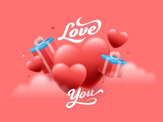 Love You Font Avec Des Coffrets Cadeaux 3d Et Des Coeurs Brillants Sur Fond Rouge Vecteur Premium