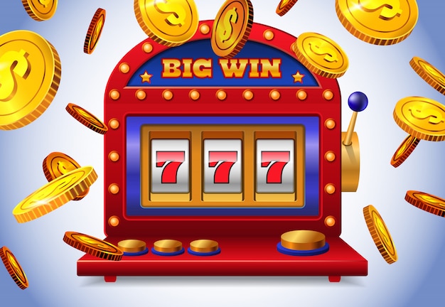 Lucky sept machines à sous avec grand lettrage de victoire et de voler des pièces d'or. Vecteur gratuit
