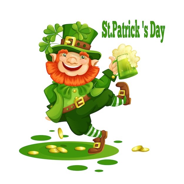 Lutin joyeux dans un chapeau vert avec une chope de bière. Vecteur Premium
