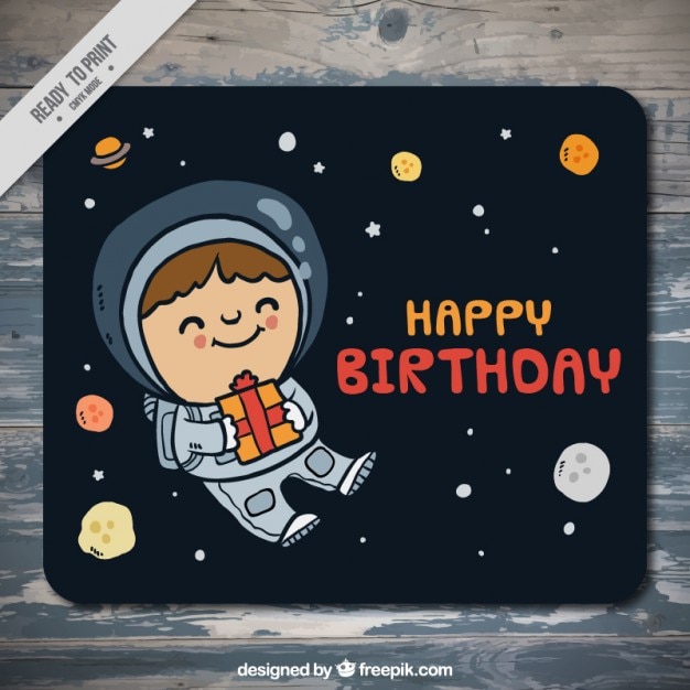 Main Astronaute Dessine Dans La Carte D Anniversaire De L Espace Vecteur Premium