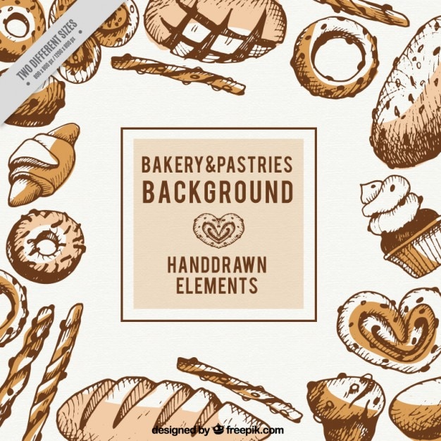 Main boulangerie dessinée et pâtisseries fond Vecteur gratuit