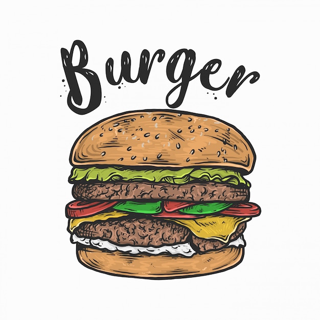 Main Dessin D Illustration Vectorielle Logo Burger Vintage Vecteur Premium