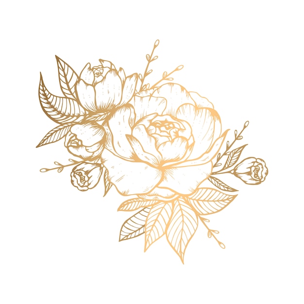 Main dessinée illustration florale dorée avec rose | Télécharger des