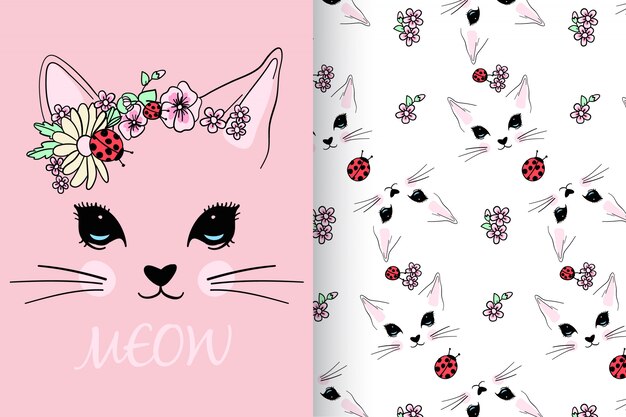 Main dessinée minou mignon avec set vector pattern Vecteur Premium