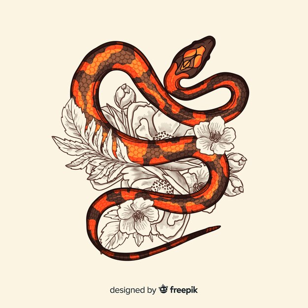 Main dessinée serpent avec fond de fleurs Vecteur gratuit