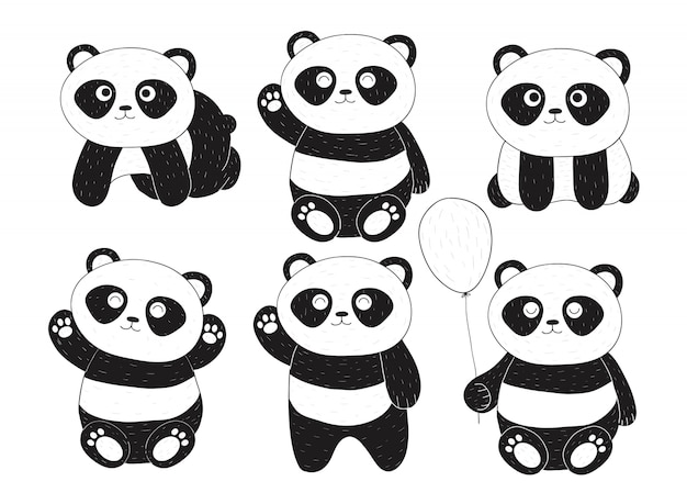 Main dessinée six pandas mignons avec des expressions différentes Vecteur Premium