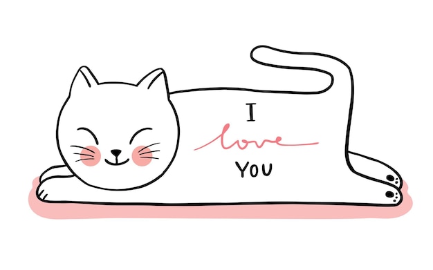 Main Dessiner Dessin Anime Mignon Saint Valentin Chat Blanc Couche Vecteur Premium