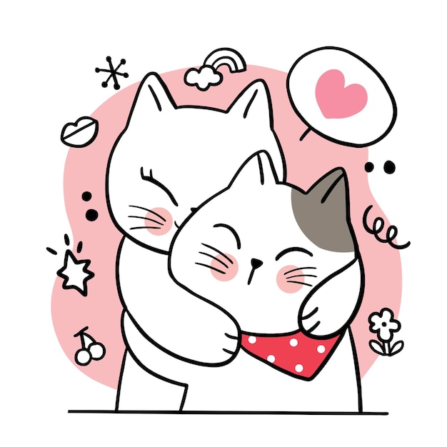 Main Dessiner Dessin Anime Mignon Saint Valentin Couple De Chats Etreignant Vecteur Premium