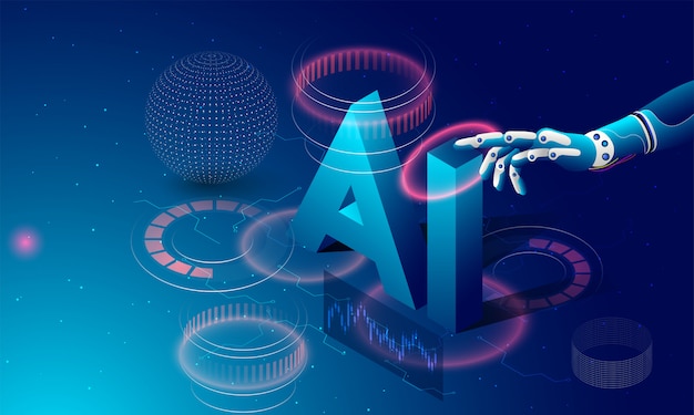 Main robotique en cliquant, texte isométrique ai. Vecteur Premium