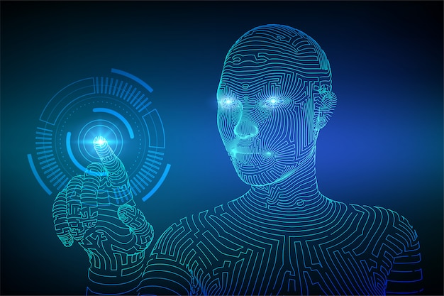 Main Robotique Touchant L'arrière-plan De L'interface Numérique Vecteur Premium