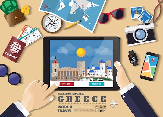 Main tenant la destination de voyage réservation tablette intelligente. lieux célèbres de la grèce. bannières concept vecteur dans un style plat avec l'ensemble des objets itinérants, accessoires et icône de tourisme. Vecteur Premium