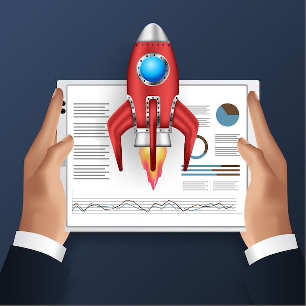 Main tenant la tablette avec illustration de l'analyse des données et démarrage de lancement de fusée Vecteur Premium
