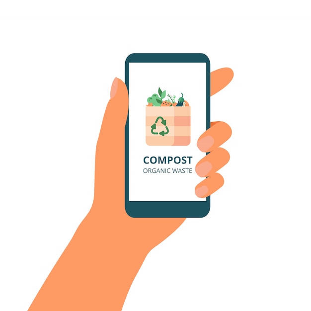 Main tient un téléphone mobile avec le concept vert de compostage sur l'écran. Vecteur Premium