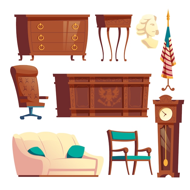 Maison blanche ovale bureau mobilier en bois dessin animé vector ensemble Vecteur gratuit