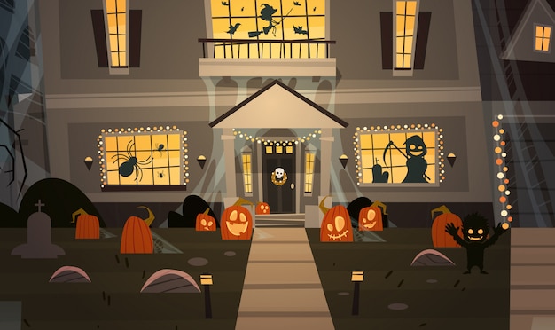 Maison décorée pour halloween, vue de face avec différentes citrouilles Vecteur Premium