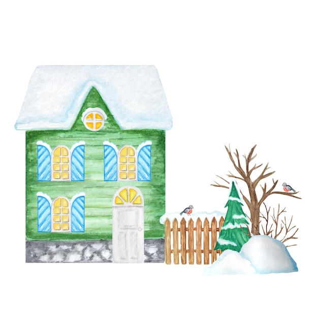 Maison D Hiver De Dessin Anime Vert Avec Cloture En Bois Et Couple D Oiseaux Bouvreuil Congeres Arbre De Noel Vecteur Premium