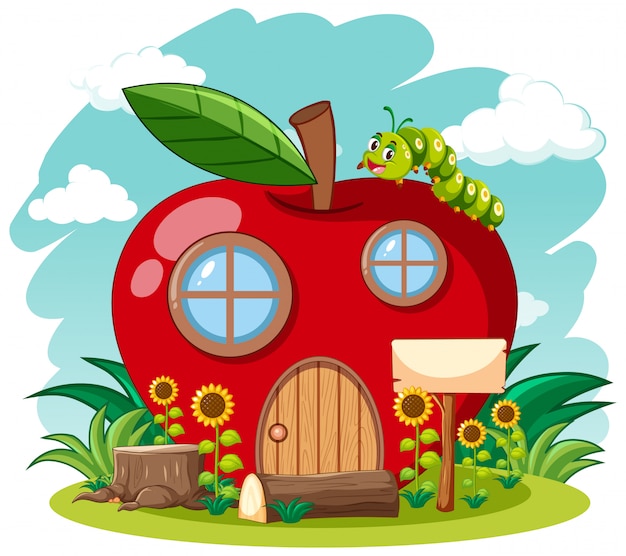 Maison De Pomme Rouge Et Ver Mignon Dans Le Style De Dessin Anime De Jardin Sur Fond De Ciel Vecteur Gratuite