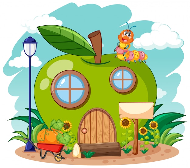 Maison De Pomme Verte Et Ver Mignon Dans Le Style De Dessin Anime De Jardin Sur Fond De Ciel Vecteur Gratuite