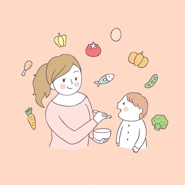 Maman Dessin Anime Et Bebe Mangeant Des Aliments Vecteur Vecteur Premium