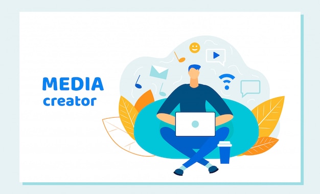 Man blogger, créateur de médias sociaux qui travaille sur un ordinateur portable Vecteur Premium