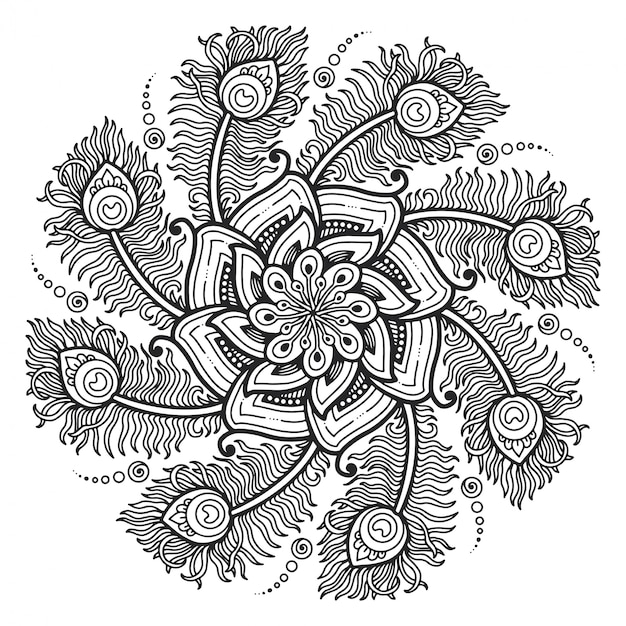 Mandala Pour Colorier La Conception De Plumes De Paon Vecteur Premium