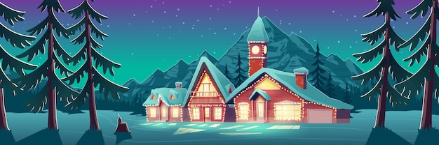 Manoir Lumineux Dans L'illustration De Champ Enneigé Vecteur gratuit