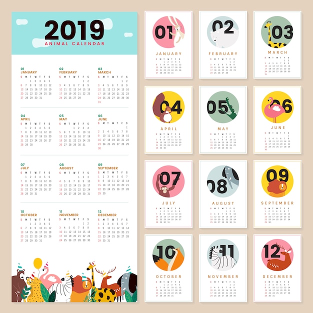Maquette de calendrier animal mignon Vecteur gratuit