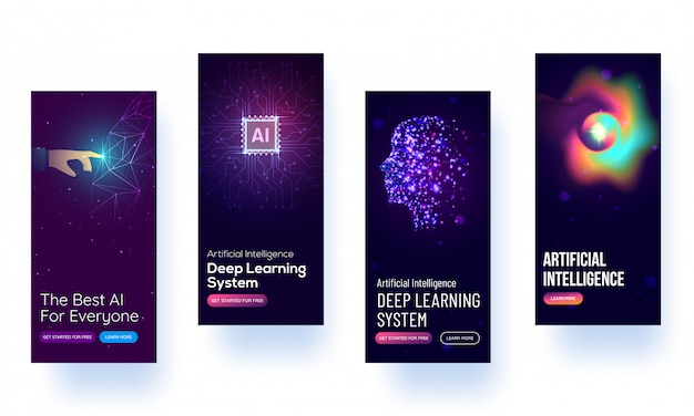 Maquette d'écran de démarrage pour l'apprentissage du concept ai ou ui. Vecteur Premium