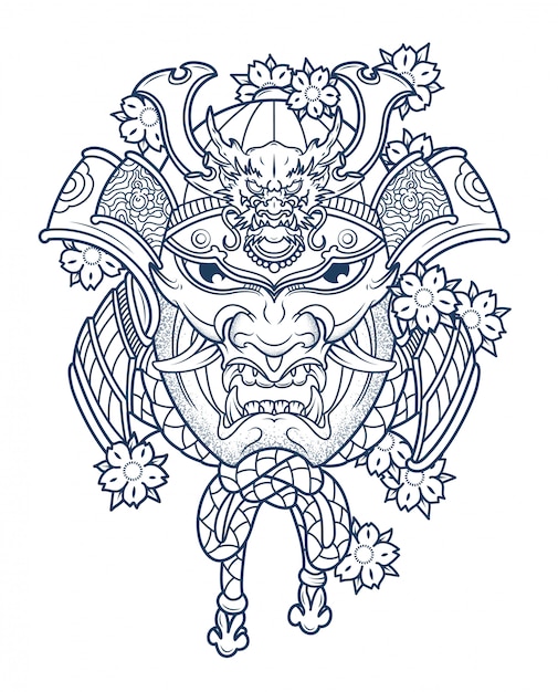 Masque de samurai japonais diabolique en couleurs Vecteur Premium