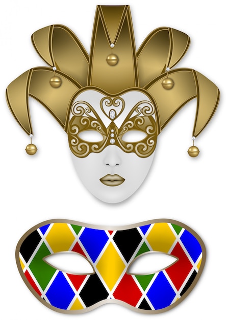 Masques De Carnaval Masque Jolly Et Masque Arlequin Vecteur Premium