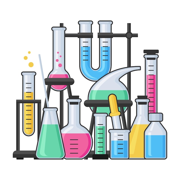 Materiel Scientifique En Laboratoire De Chimie Avec Tube En Verre A Essai Et Flacon Pharmacie Et Chimie Education Et Concept De Vecteur De Science Vecteur Premium