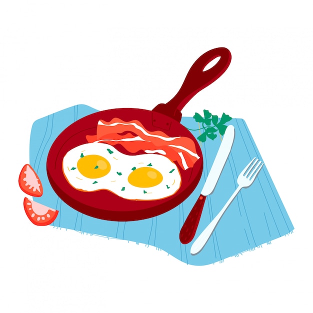 Matin Petit Dejeuner Traditionnel Des Aliments Repas Tomate Herbes Et Plaque A Oeufs Bacon Concept Alimentaire Isole Sur Blanc Illustration De Dessin Anime Vecteur Premium