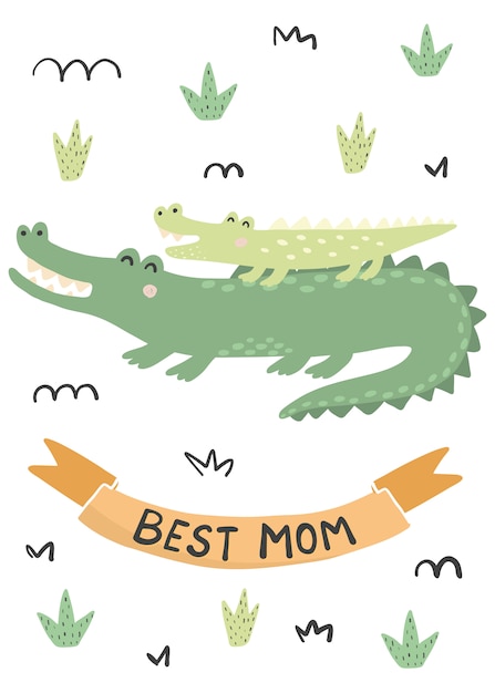 Meilleure Carte Maman Avec Des Crocodiles Mignons Mere Et Bebe Illustration Vecteur Premium