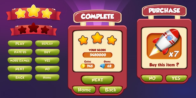 Menu niveau complet et achat avec menu étoiles avec étoiles, barre de chargement et bouton Vecteur Premium