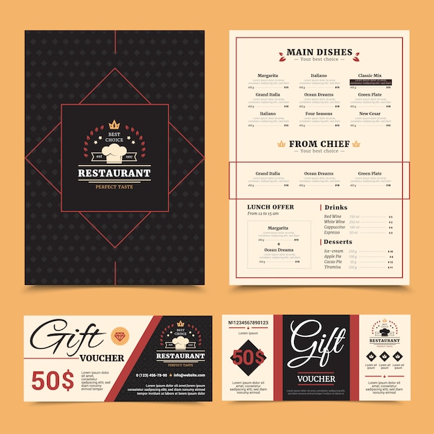 Menu de restaurant cher avec choix de plats de chef et carte de chèque cadeau élégant ensemble fond de tableau Vecteur gratuit