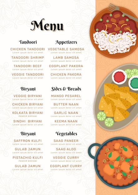 Menu De Restaurant Indien Oriental Plat | Vecteur Premium