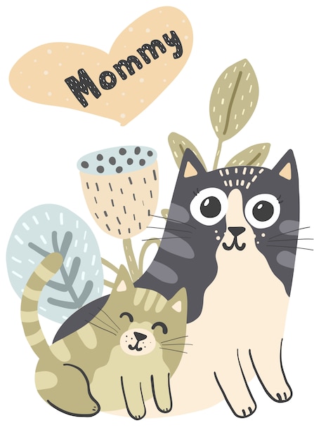 Mere Chat Et Son Bebe Chaton Illustration Carte Maman Vecteur Premium