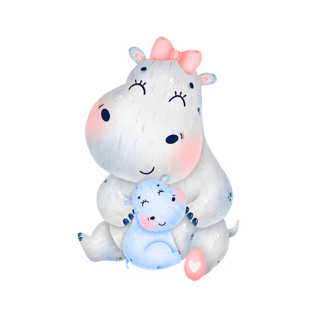 Mere De Dessin Anime Mignon Et Bebe Hippopotames Calin Vecteur Premium