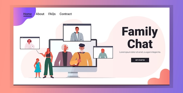 Mere Et Fille Ayant Une Reunion Virtuelle Avec Les Membres De La Famille Dans Les Fenetres Du Navigateur Web Pendant L Espace De Copie De Communication D Appel Video Vecteur Premium