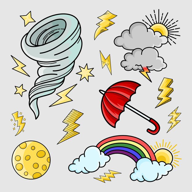 Météo Doodle Set Vector Illustration Avec Main Draw Line Art Style Vecteur Star Sun Vecteur